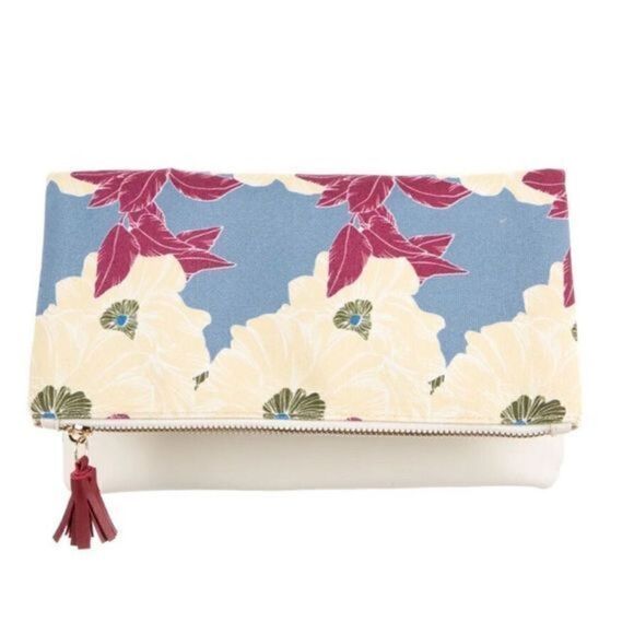 Rachel Pally Leather Clutch, Floral Print, Gold-tone Hardware, Satin lining, Zip